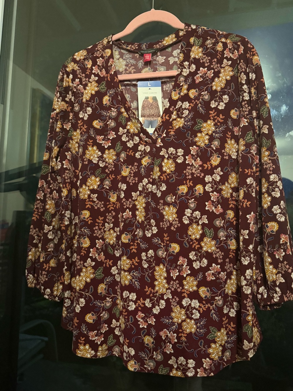 Vince Camuto Burgundy Floral V-Neck Tunic